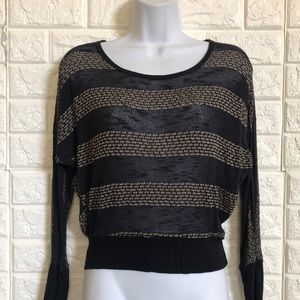 About A Girl striped black‎ tan mesh lightweight sweater top women’s size M